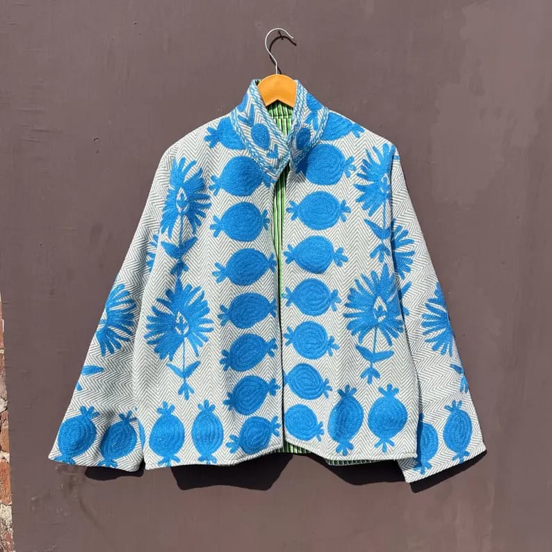 Embroidered Jute Jacket: Handmade Floral Bohemian Coat