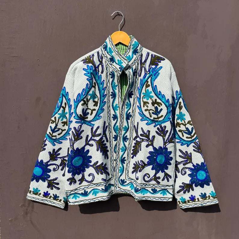 Embroidered Jute Jacket: Handmade Floral Bohemian Coat (Copy) (Copy)