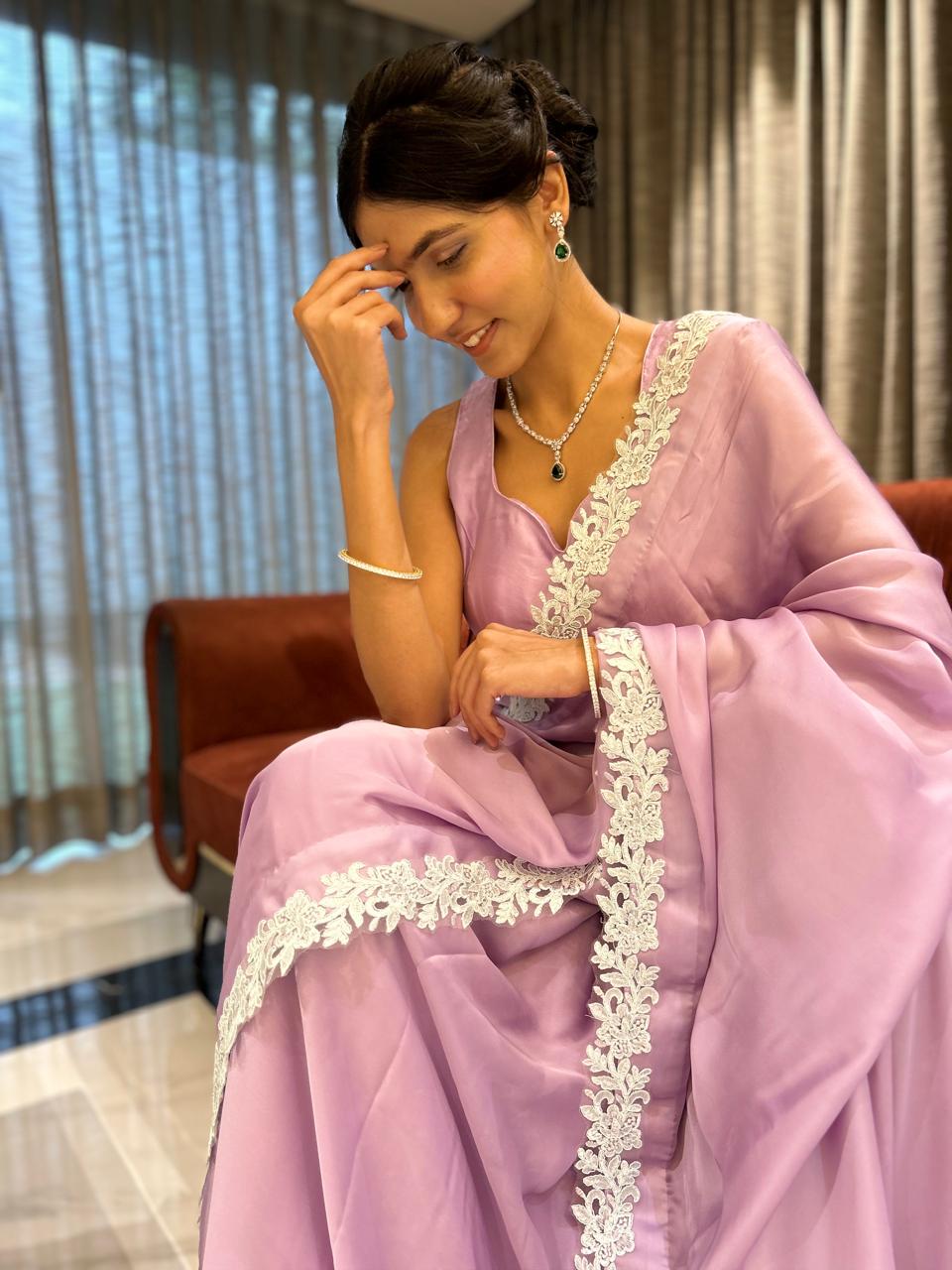 Deepika Padukone Inspired Lavender Satin Saree