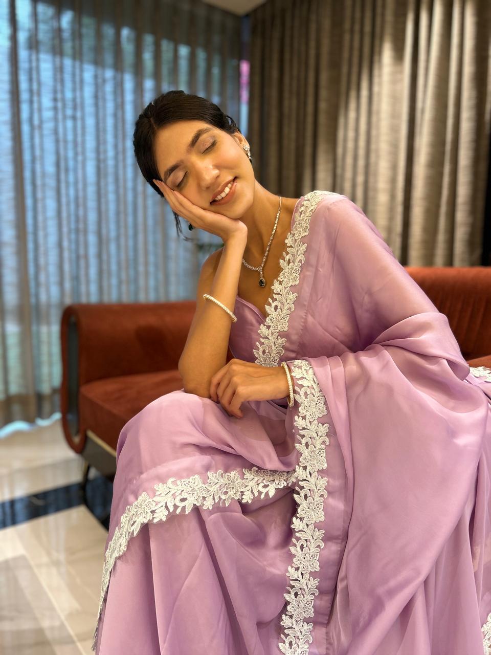 Deepika Padukone Inspired Lavender Satin Saree