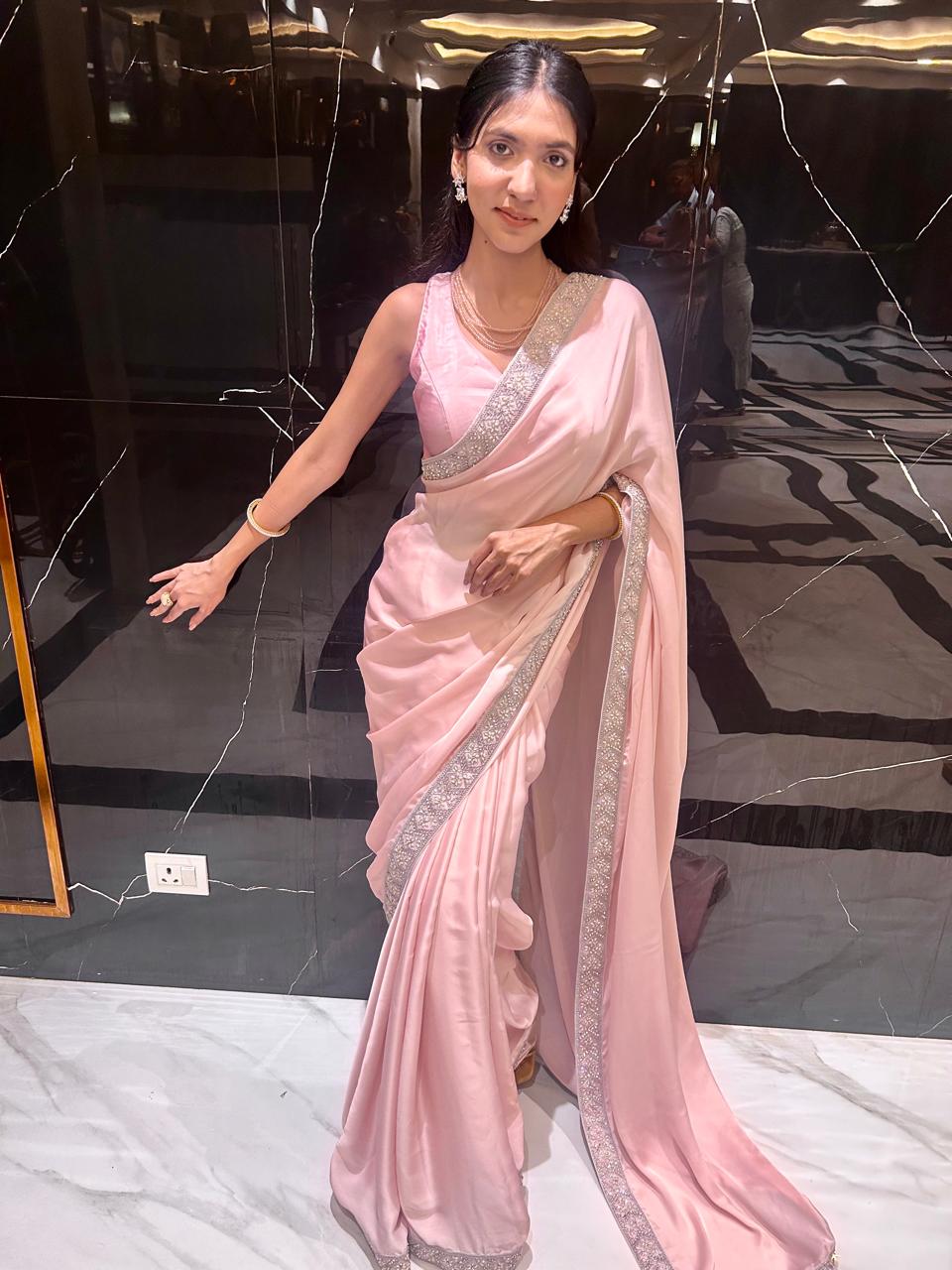 Celebrity Inspired Pink Satin Modal  Saree
