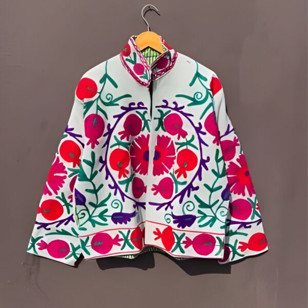 Embroidered Jute Jacket: Handmade Floral Bohemian Coat