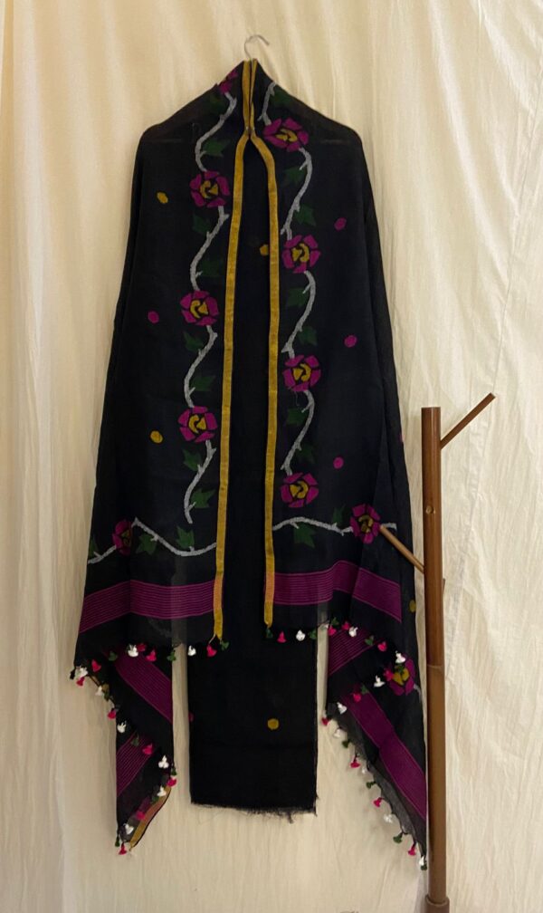Black Pure Linen Kurta Duppata Set